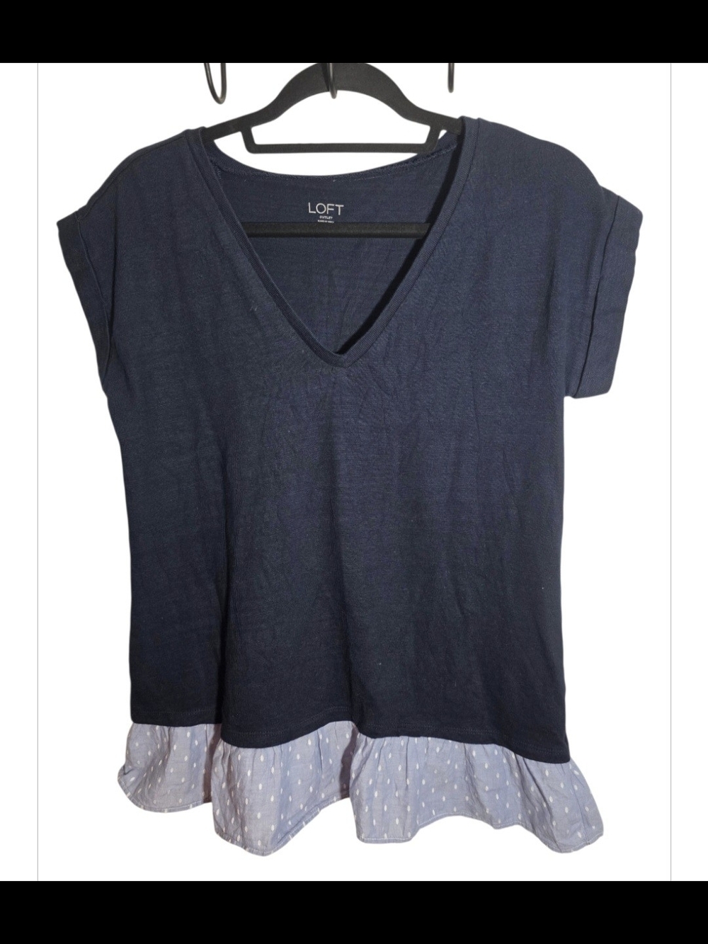 LOFT Outlet Navy V Neck Ruffle Hem Top Blue Polka Dot Size Small
